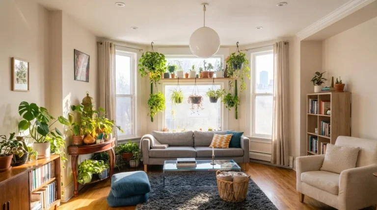 Salon lumineux avec baies vitrées, canapé gris aux coussins colorés, table basse en verre, tapis sombre et nombreuses plantes vertes.