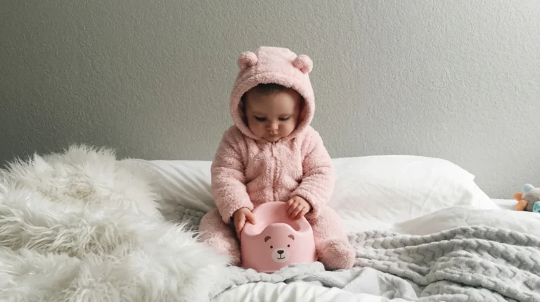 Un jeune enfant en costume d'ours rose assis sur un petit pot, illustrant l'apprentissage de la propreté pour les parents.