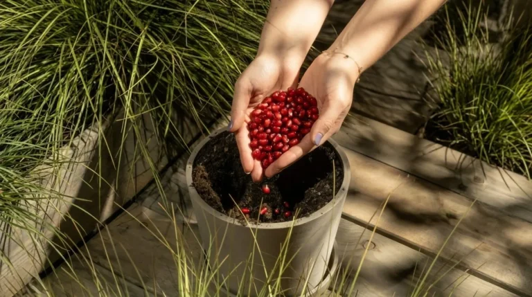 Mains semant des graines rouges dans un pot de terre, en extérieur
