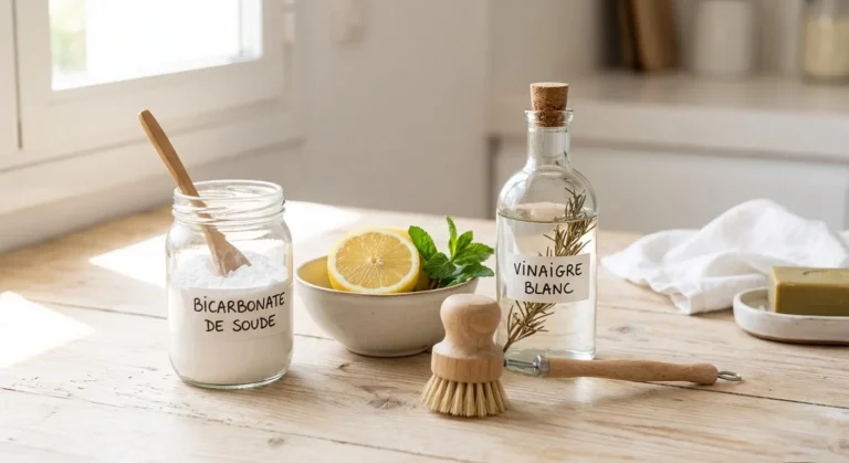 Ingrédients naturels pour le nettoyage de la maison : citron, bicarbonate et vinaigre sur un plan de travail en bois clair.