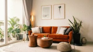 Canapé velours orange, table basse ronde en bois, pouf tricoté et plantes près d’une baie vitrée, intérieur lumineux et chaleureux.