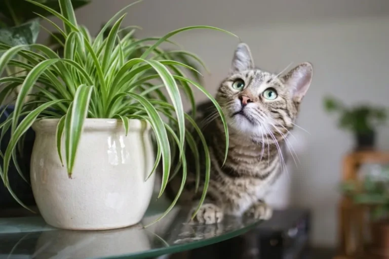 Chat tigré aux yeux verts près d’une plante araignée en pot.