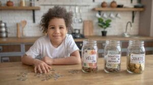 Un enfant souriant dans une cuisine gère son argent avec trois bocaux en verre transparent faisant office de tirelires organisées par catégorie : épargne pour un vélo, don pour une association d'animaux, et budget jouets. Des pièces de monnaie sont éparpillées sur une table en bois.