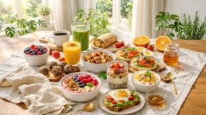 Table de petit déjeuner lumineuse et variée, dressée près d’une fenêtre avec lumière naturelle. On y voit des smoothie bowls aux fruits rouges, des overnight oats en bocaux, des toasts à l’avocat et œuf, du saumon fumé, des wraps aux fruits, des bols de yaourt au granola, des bouchées énergie, un smoothie vert, un jus d’orange, une tasse de café et un pot de miel. Ambiance saine, colorée et matinale.