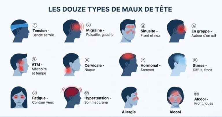 Infographie illustrant les 12 types de maux de tête selon l'ICHD-3 : tension frontale, migraine unilatérale, sinusite front et nez, céphalée en grappe autour d’un œil, ATM mâchoire et tempe, cervicale nuque et occiput, hormonale sommet du crâne, stress diffus front et tempes, fatigue visuelle contour des yeux, hypertension sommet du crâne, allergie nez et pommettes, alcool front et joues. Zones douloureuses indiquées en rouge sur les visages.